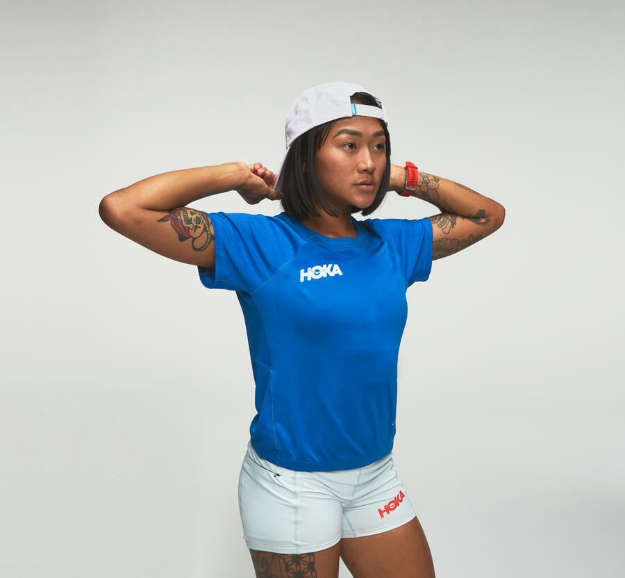 Hoka One One Womens Tops - Performance Utility SS - Blue - JCVH10489